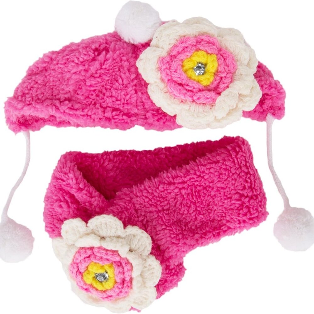 Pet Costome Winter Cloth Fluffy Pet Flower Beanie and Scarf, Medium, Pink/White - Picture 2 of 6